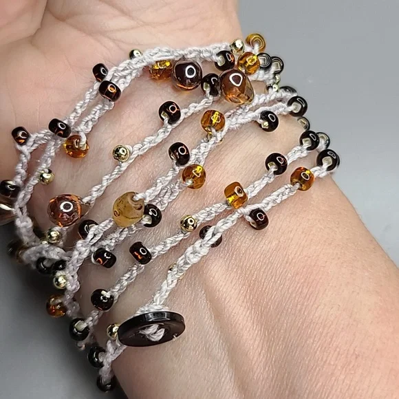 Women's Wrap Bracelet Light Gray Gold Brown Beads Handmade Crochet Everyday Cute - Picture 3 of 6